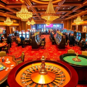Excited players at a vibrant casino featuring games from https://xx88.xyz/, showcasing poker and roulette.